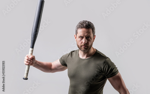 man express aggression with bat isolated on grey background. aggression of man with bat