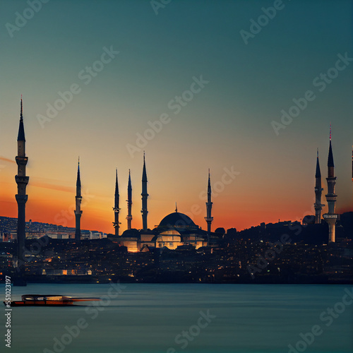 View of Istanbul city of Turkey at sunset and night bosphorus from Hagia Sophia and Sultanahmet in Istanbul city of Turkey.