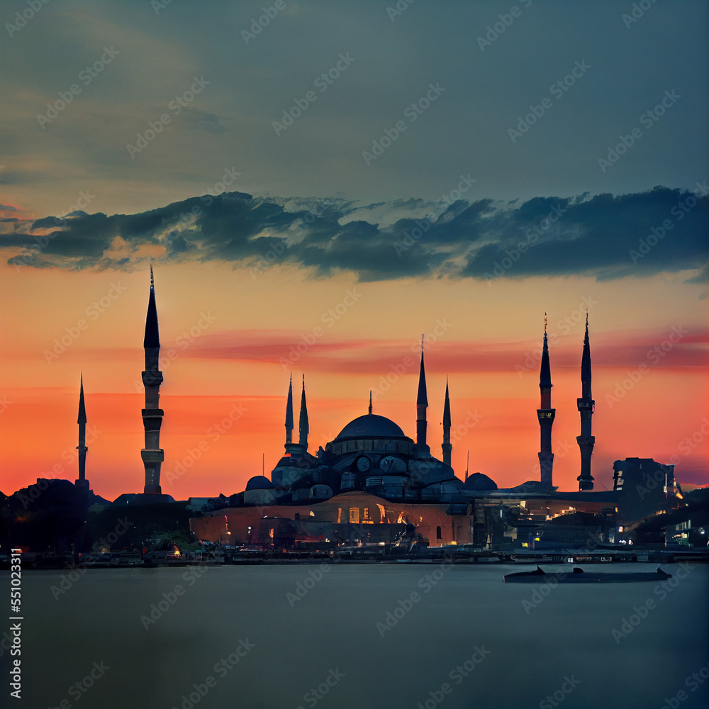 Obraz premium View of Istanbul city of Turkey at sunset and night bosphorus from Hagia Sophia and Sultanahmet in Istanbul city of Turkey.