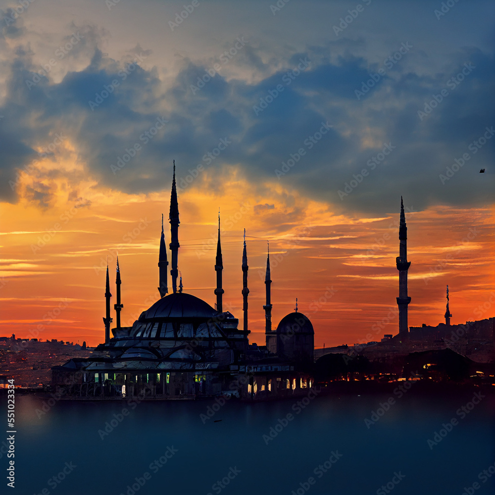 View of Istanbul city of Turkey at sunset and night bosphorus from Hagia Sophia and Sultanahmet in Istanbul city of Turkey.
