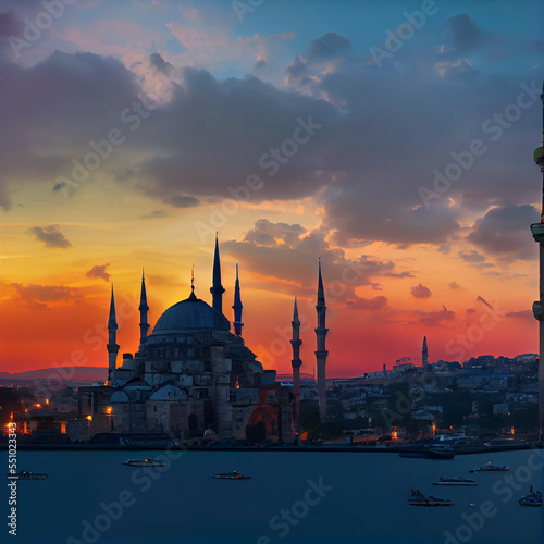 View of Istanbul city of Turkey at sunset and night bosphorus from Hagia Sophia and Sultanahmet in Istanbul city of Turkey.