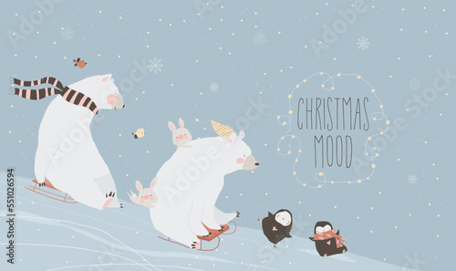 Cute Funny Polar Bears with Rabbits and Penguins enjoying Winter