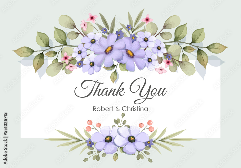 thank you greeting card inscription Robert and Christina flower arrangement of daisies in a watercolor style