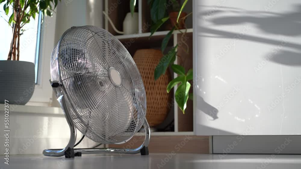 Close up electric fan located on floor and cooling indoor temperature to create comfortable atmosphere for residents of house. Climatic equipment located next to window sill and racks with plants 