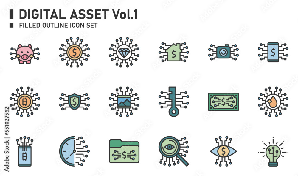 Digital asset filled outline icon set.