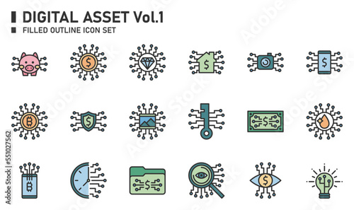 Digital asset filled outline icon set.