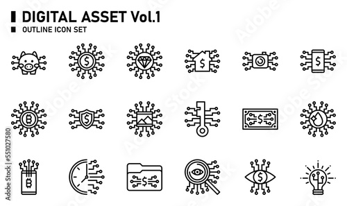 Digital asset outline icon set.