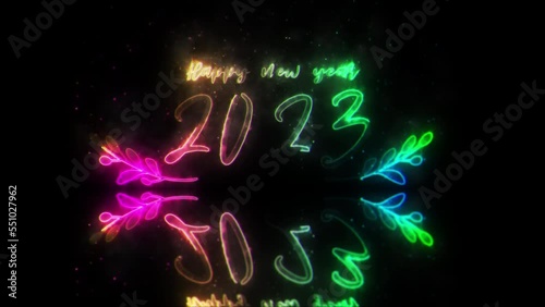 2023 Happt New Year colorful neon laser text animation on black abstract background. New year themed background for celebrate event, winter Christmas photo