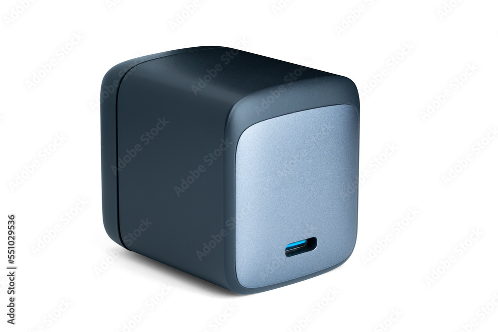 GaN USB-C Cellphone Charger, Charging Power Brick Bank 65W Isolated on White Background with Shadow GaN USB-C Cellphone Charger, Charging Power Brick Bank 65W Isolated on White Background with Shadow