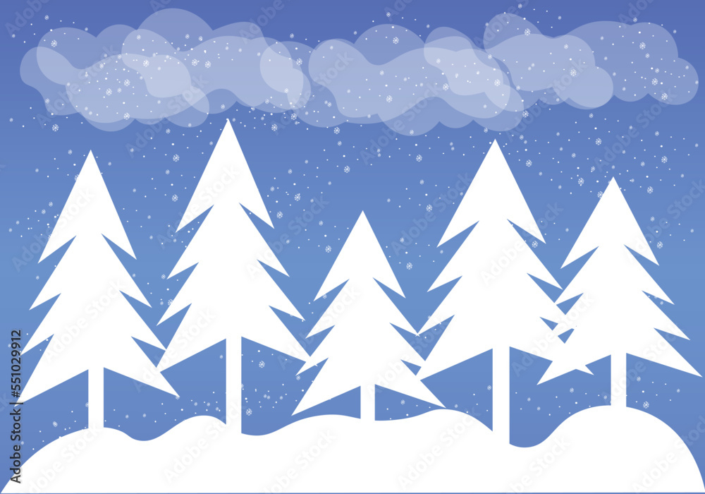Abstract winter background with falling snow. Forest with snow-covered fir trees. Christmas snowfall.  