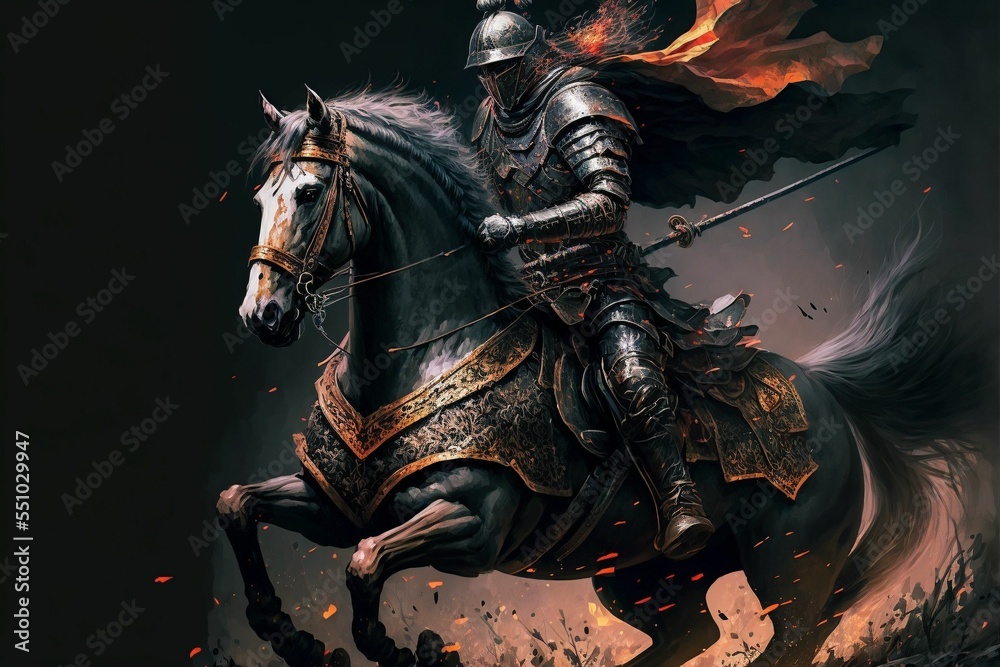 Illustration of a medieval knight riding and running on a horse with ...