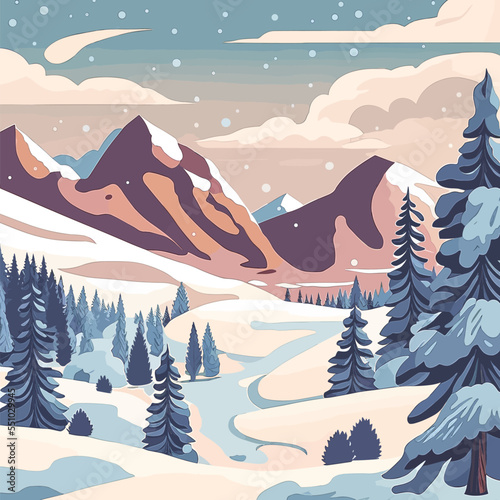 Illustration of a winter landscape with snowy mountains and forests trees