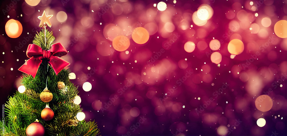 Christmas and happy new year card on blurred bokeh. Christmas tree banner dark background