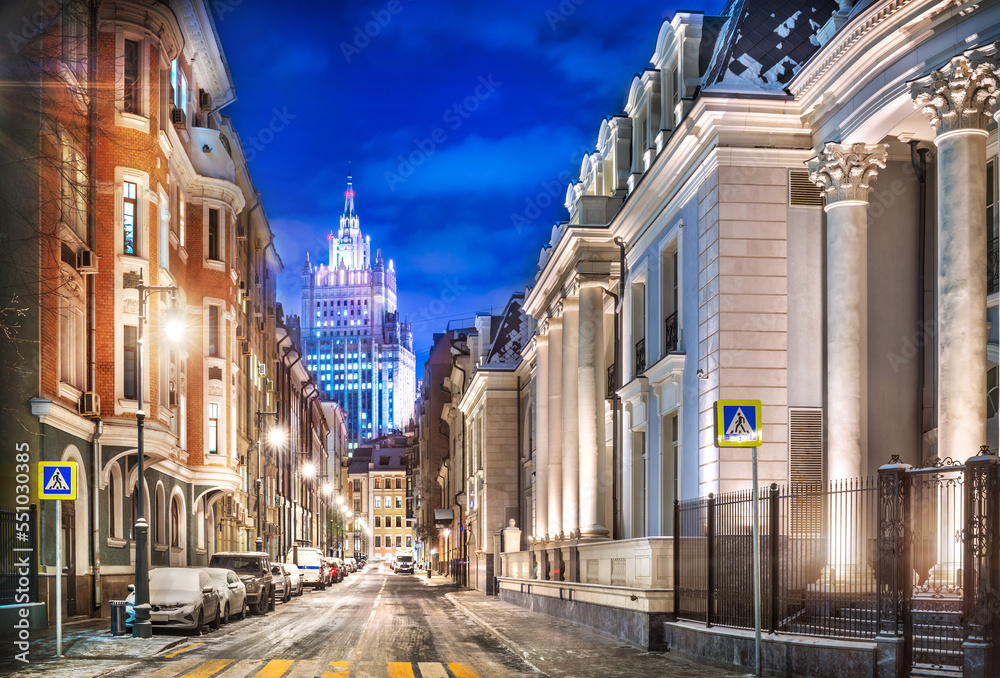 Ancient buildings in Krivoarbatsky lane and the Ministry of Foreign Affairs, Stary Arbat, Moscow