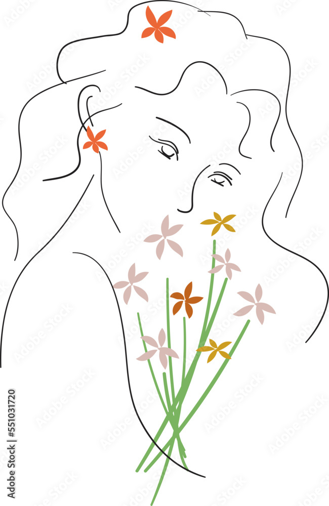 Silhouette of a young girl with long curly hair, holding a bouquet. Design for women's day. Silhouette of a young girl with long curly hair, holding a bouquet. Design for women's day.