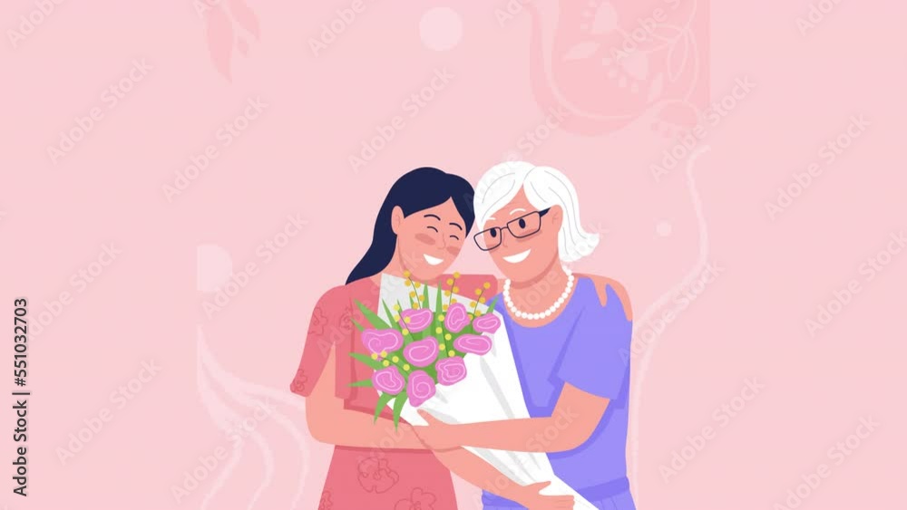 Animated isolated hugging mom. Making mother happy and proud. Surprise with bouquet. Looped flat 2D character HD video footage with alpha channel. Colorful animation for mobile, website, social media Animated isolated hugging mom. Making mother happy and proud. Surprise with bouquet. Looped flat 2D character HD video footage with alpha channel. Colorful animation for mobile, website, social media