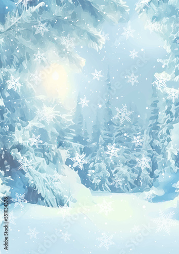 Hand painted Christmas card with wintry snowy landscape