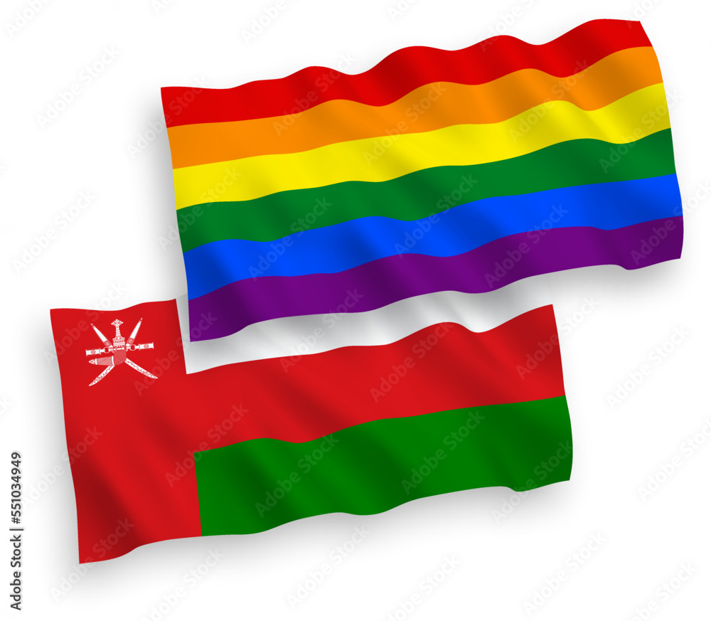 Flags of Sultanate of Oman and Rainbow gay pride on a white background Flags of Sultanate of Oman and Rainbow gay pride on a white background