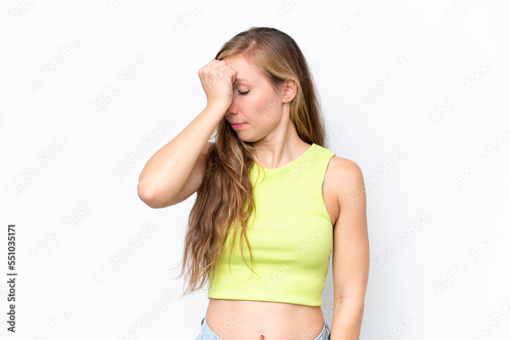Young caucasian woman isolated on white background with headache Young caucasian woman isolated on white background with headache