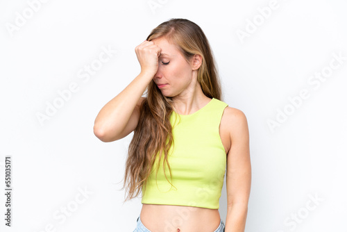 Young caucasian woman isolated on white background with headache
