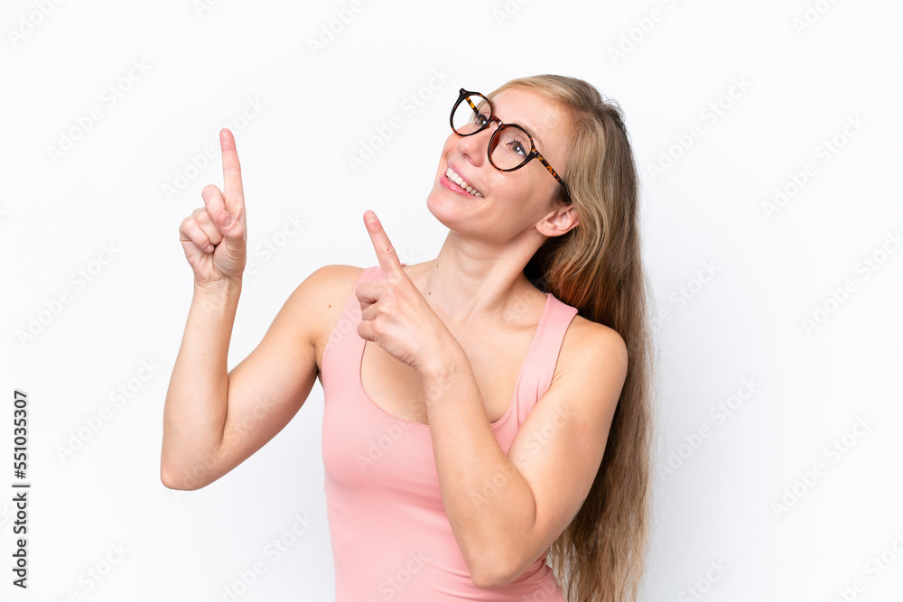Young caucasian woman isolated on white background pointing with the index finger a great idea Young caucasian woman isolated on white background pointing with the index finger a great idea