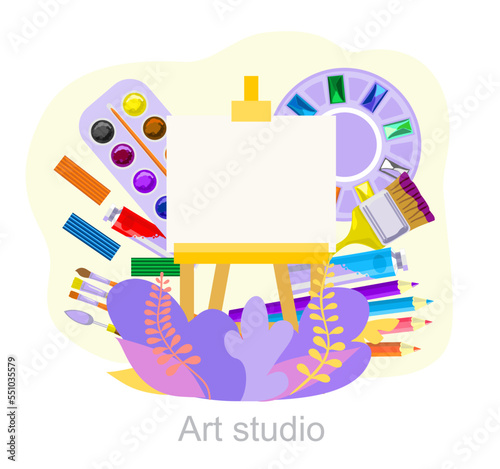 Abstract stylish design studio illustration with brush, pen, pencil, easel and palette. Kids art class or studio labels, children creativity center