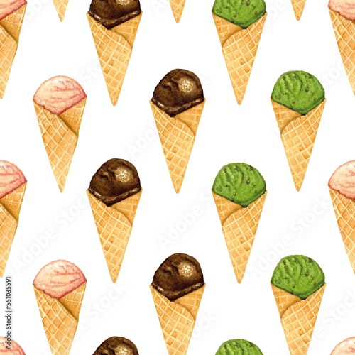 Seamless pattern with ice cream cones isolated on white background. Watercolor painting with desserts. Different flavors.