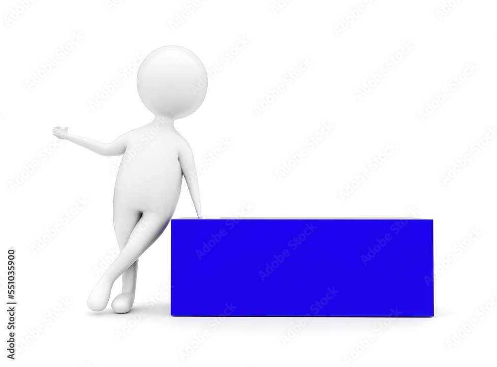 3d man presenting a blue blank banner concept 3d man presenting a blue blank banner concept