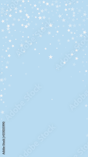 Beautiful snowfall christmas background. Subtle flying snow flakes and stars on light blue winter backdrop. Beautiful snowfall overlay template. Vertical vector illustration.