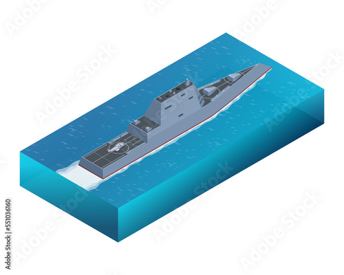 Isometric Zumwalt class destroyer. The Zumwalt-class destroyer, United States Navy guided-missile destroyer, multi-mission stealth ship with a focus on land attack. Military ship isolated on white