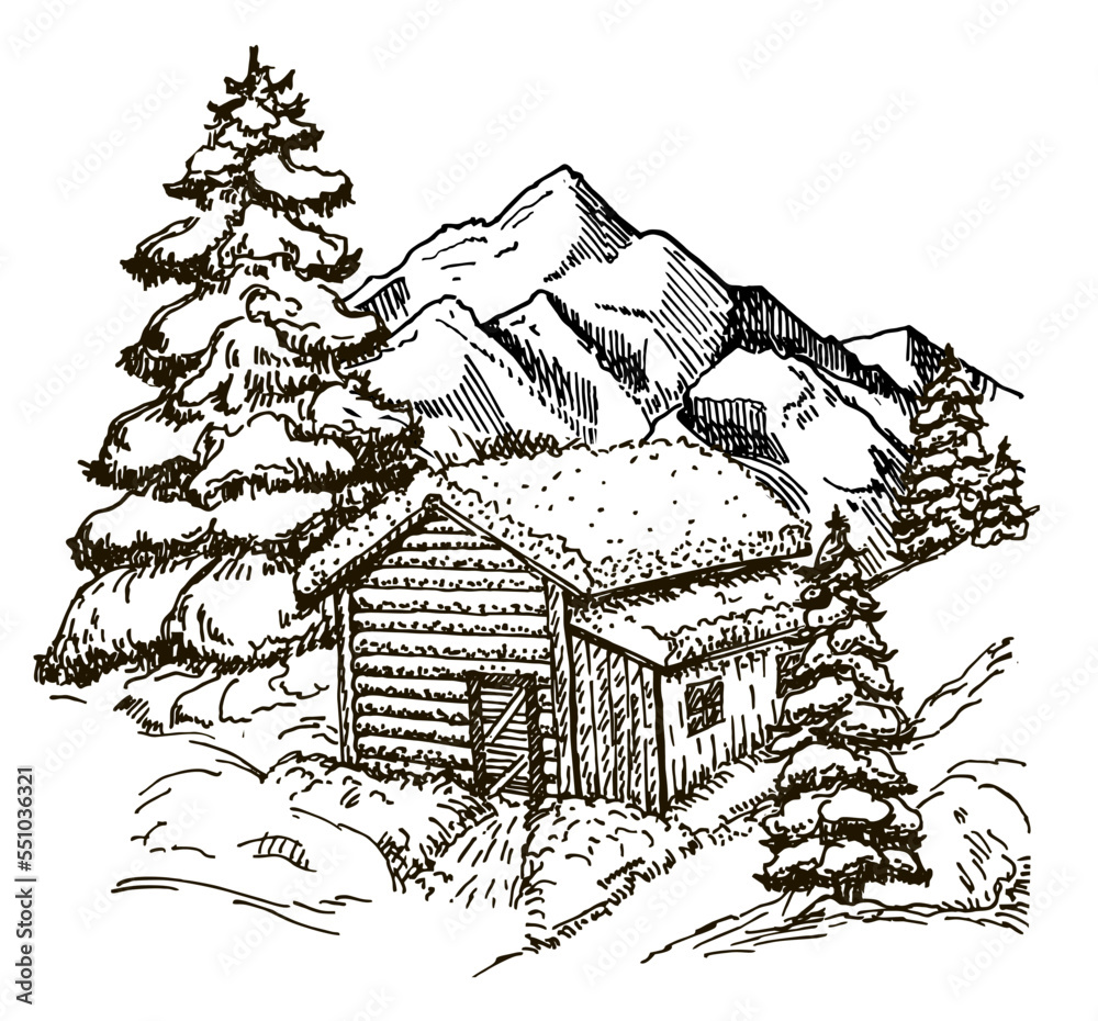 Winter. House in a snowy forest. Snow. Nature in the mountains sketch, winter landscape and winter hut rest