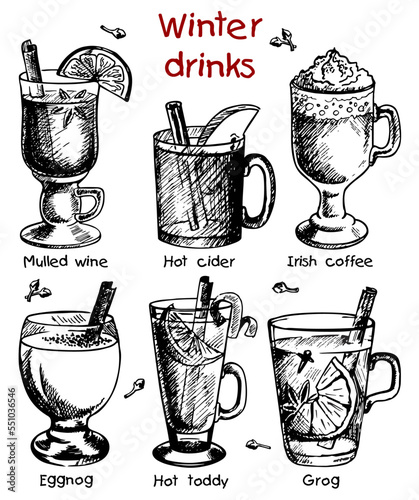 Vector illustration Hot beverages. Hot cider, punch, mulled wine, eggnog, Irish coffee, grog. Set of hand drawn glasses with warm drinks isolated on white background