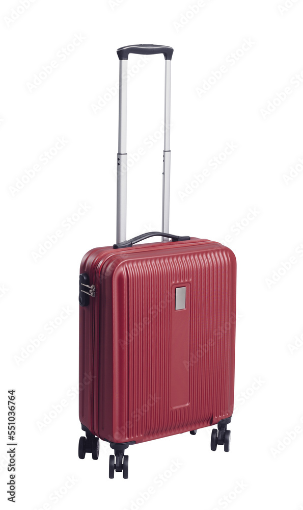 Red rolling suitcase on gray background Red rolling suitcase on gray background
