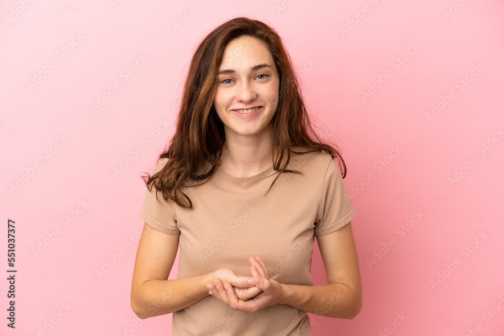 Young caucasian woman isolated on pink background laughing Young caucasian woman isolated on pink background laughing