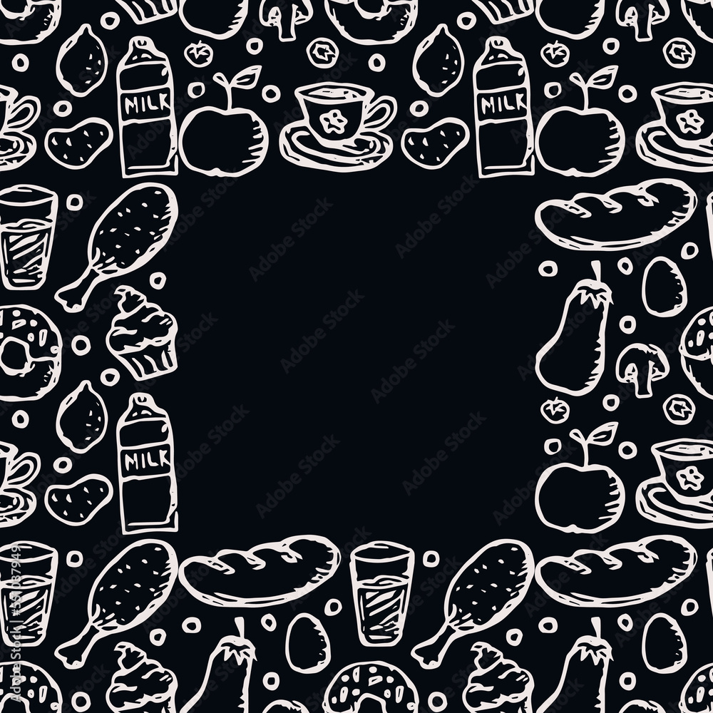 doodle food frame. icons of food, mushrooms, sweets, vegetables and fruits. vector food icons
