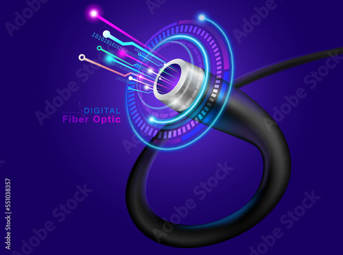 Fiber optic cable in digital abstract design style. The future of high-speed digital cable. Realistic vector file.