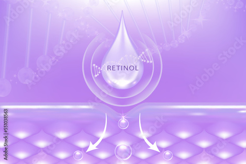 Retinol skin renewing solutions ad, blue collagen serum drop into skin cells with cosmetic advertising background ready to use, illustration vector.	