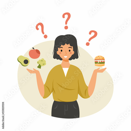 Proper nutrition. Woman chooses between healthy and unhealthy food. Nutritionist. Useful habit.