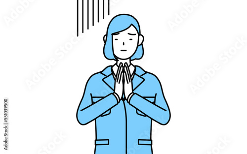 体の前で手を合わせて謝る作業着を着た女性のシンプルな線画イラスト