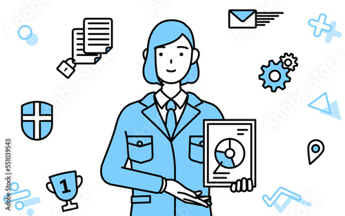 DX化のイメージ、デジタル技術を利用して業務改善を行う作業着を着た女性のシンプルな線画イラスト