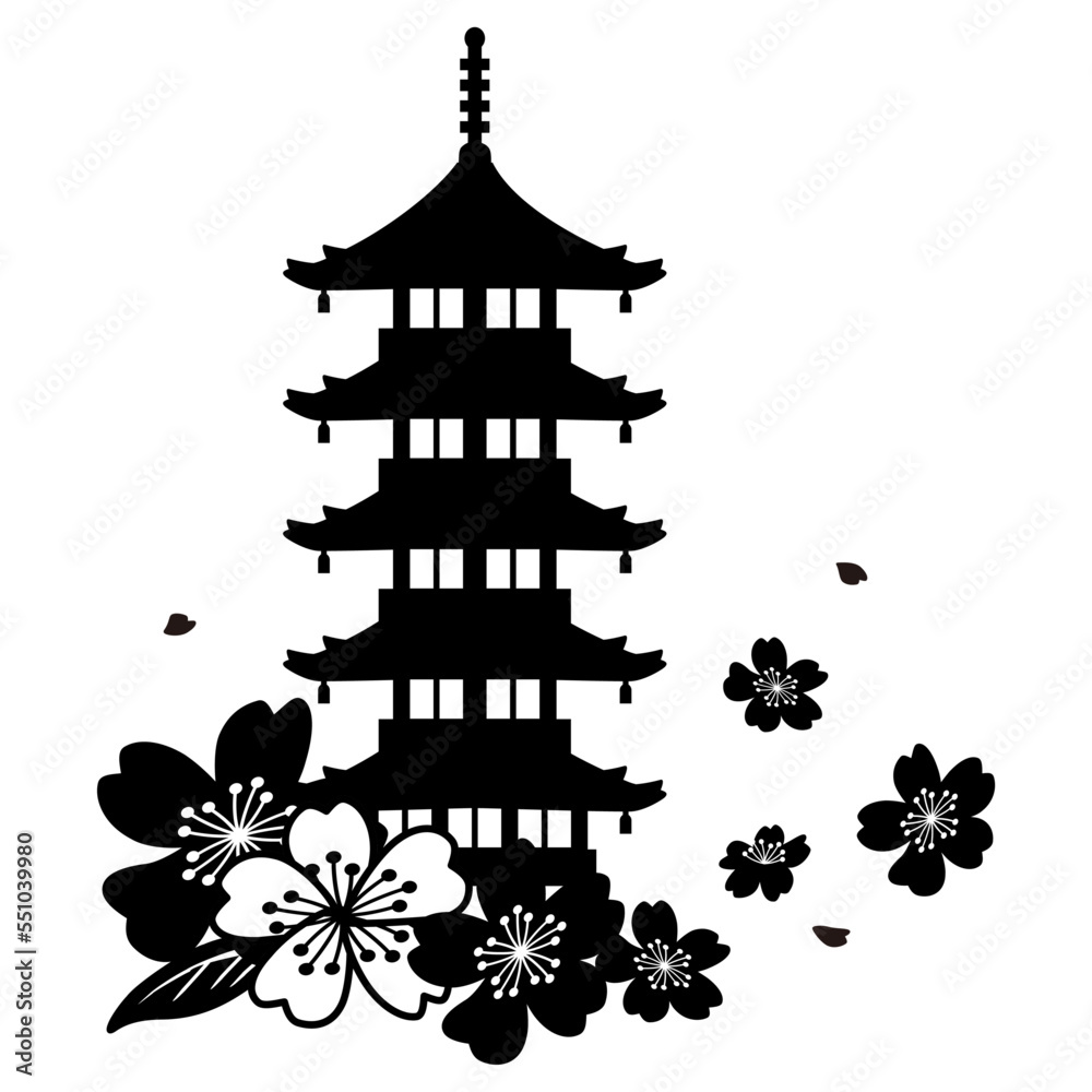 Silhouette illustration of japanese pagoda with cherry blossoms