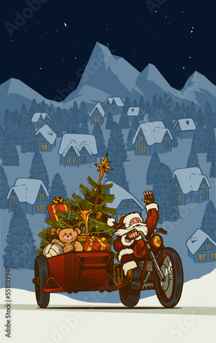 Santa Claus biker. Santa riding motorbike with a sidecar full of presents in front of a Christmas town vintage card.