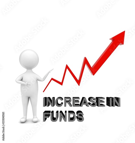 3d man standing and pointing is hand towards a upward arrow graph increase in funds text concept