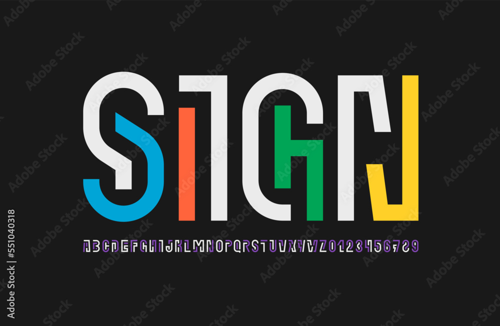 Art font alphabet from thick abstract style letters and numbers, vector illustration 10EPS