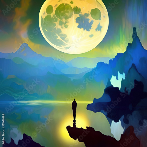 Full moon and mountains mystic landscape, digital painting art. Design wall art decoration print for canvas or poster. Stylish night mountains nature abstract background. © Katsiaryna