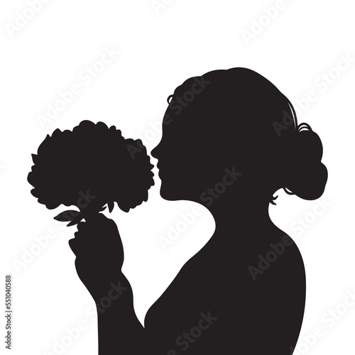 Bride smelling bouquet of flowers from side view vector silhouette. Girl from side view smell flowers drawing. Black pictogram with flat art style isolated on white background.