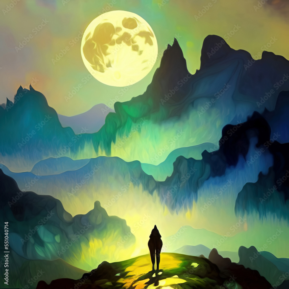 Fototapeta premium Full moon and mountains mystic landscape, digital painting art. Design wall art decoration print for canvas or poster. Stylish night mountains nature abstract background.