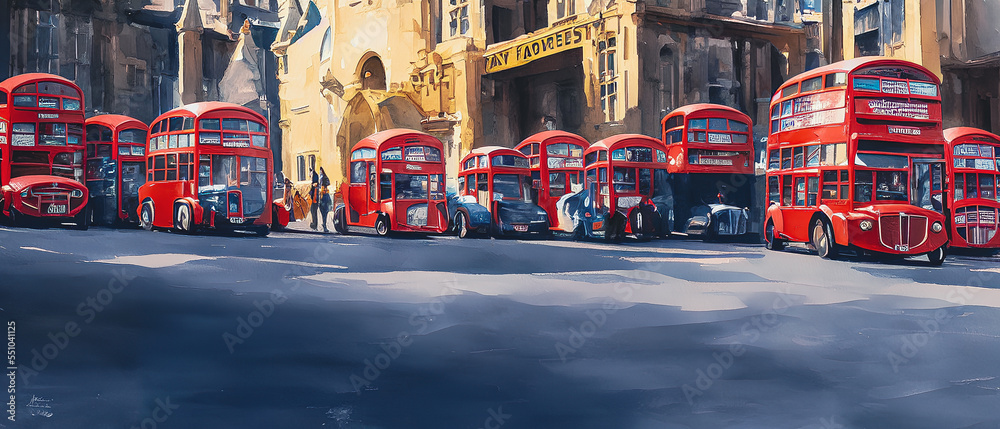 Bus on street in London City, UK, Abstract water color painting, Generative AI 