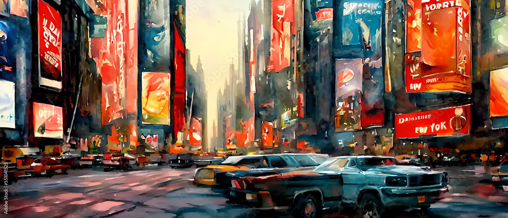 Naklejka premium Street view of New York City, USA, Abstract water color painting. Urban illustration