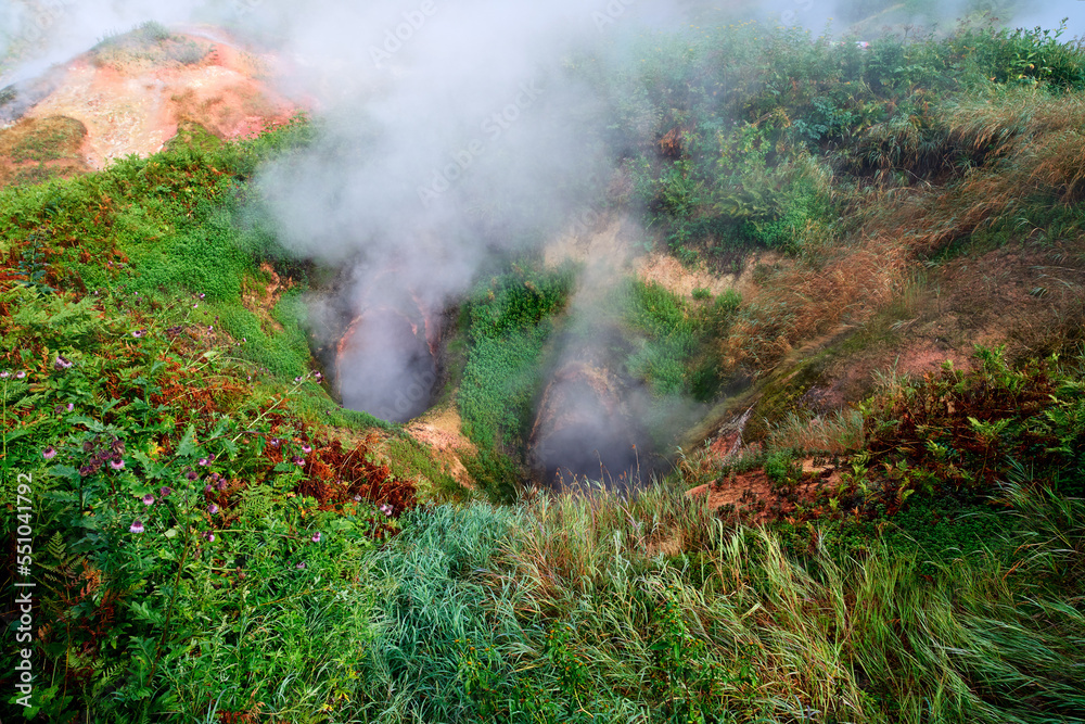 Aerial view to hot geysers. A drone view of the Kamchatka mountains.